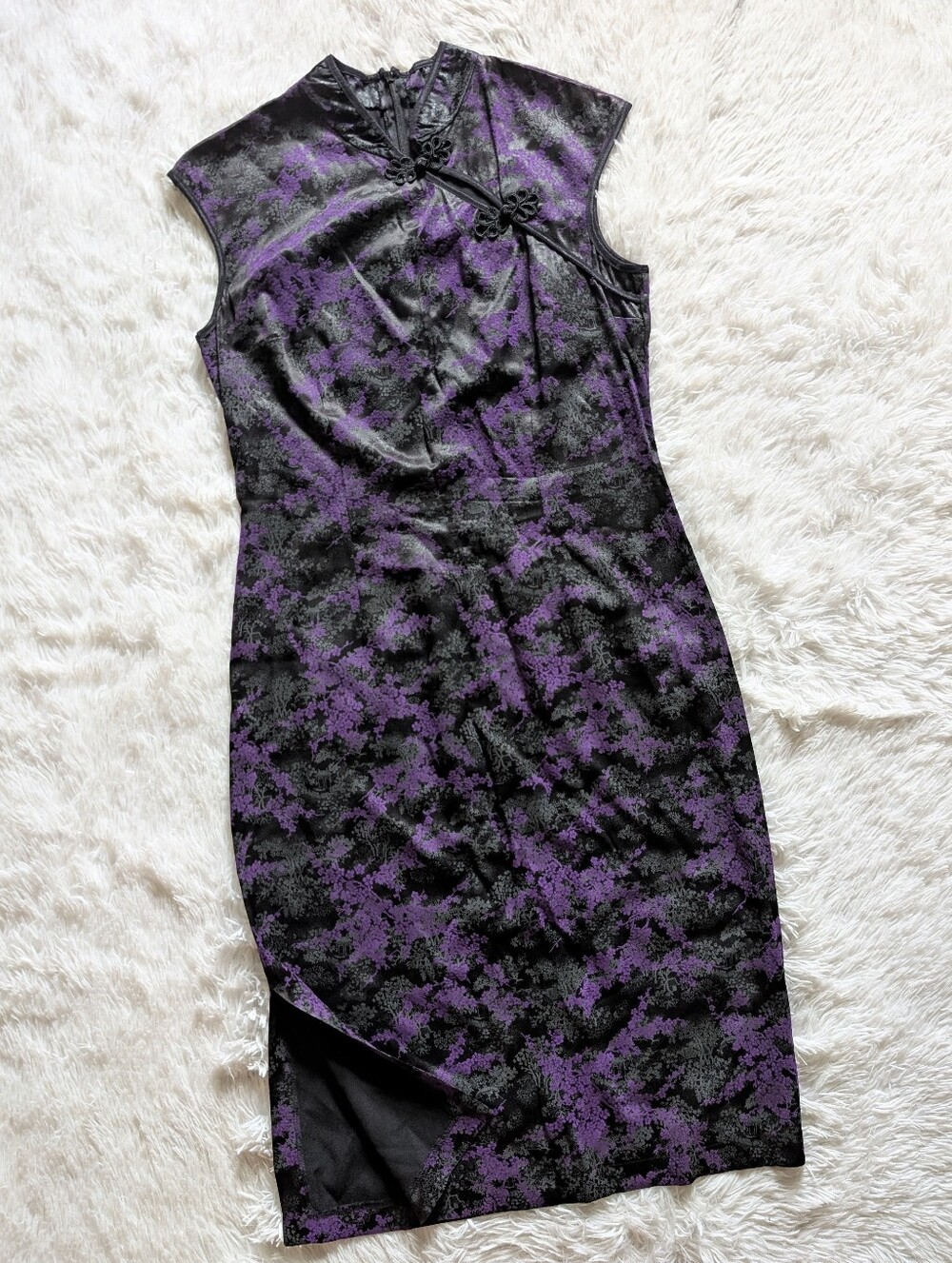 Y2K Morbid Threads Purple Satin Chinese Cheongsam Cherry Blossom Floral Dress